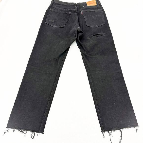 Levi's 501 Ripped Black Denim Jeans Button Fly Raw Hem Size 27 x 26 - Picture 3 of 9